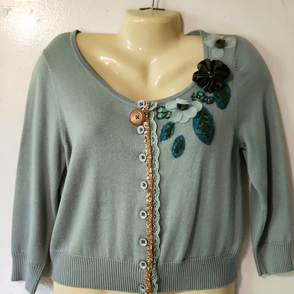 Green Cardigan, embellished with applique and beading